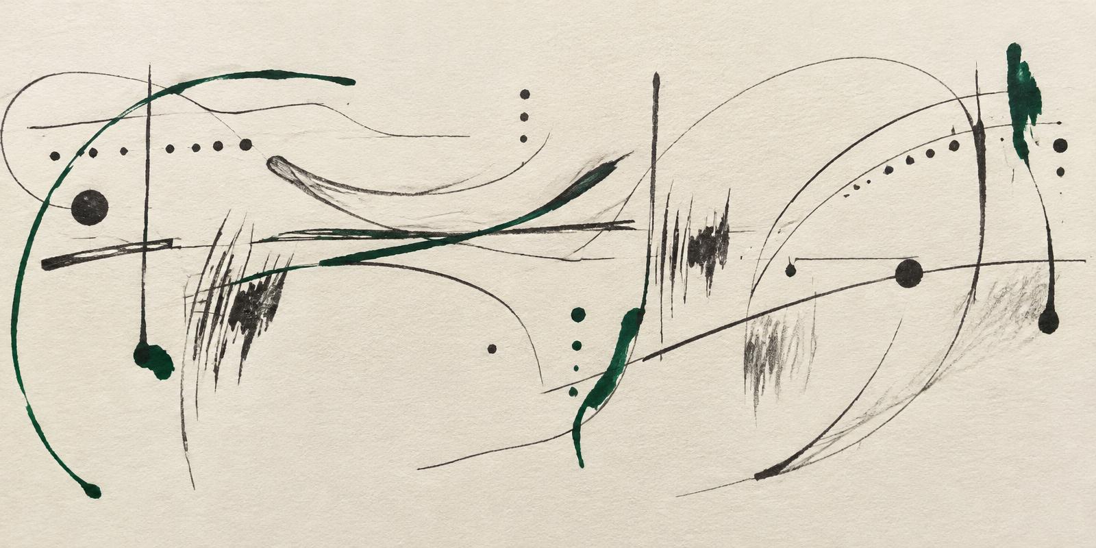 Gestural ink and graphite marks in charcoal and deep green, resembling a graphic score